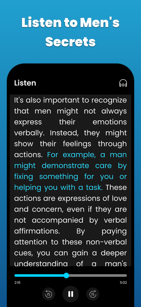 男性の非言語信号の解読に関する「男性心理を理解する」アプリからの音声およびテキストレッスンを示すスマートフォンの画面。