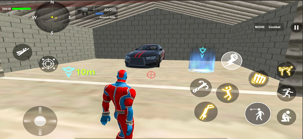 Superhero character standing near a sports car in a garage with combat icons