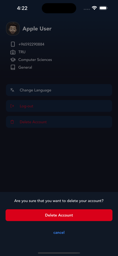User profile and account settings screen in the Triple AAA education app showing a delete account confirmation.