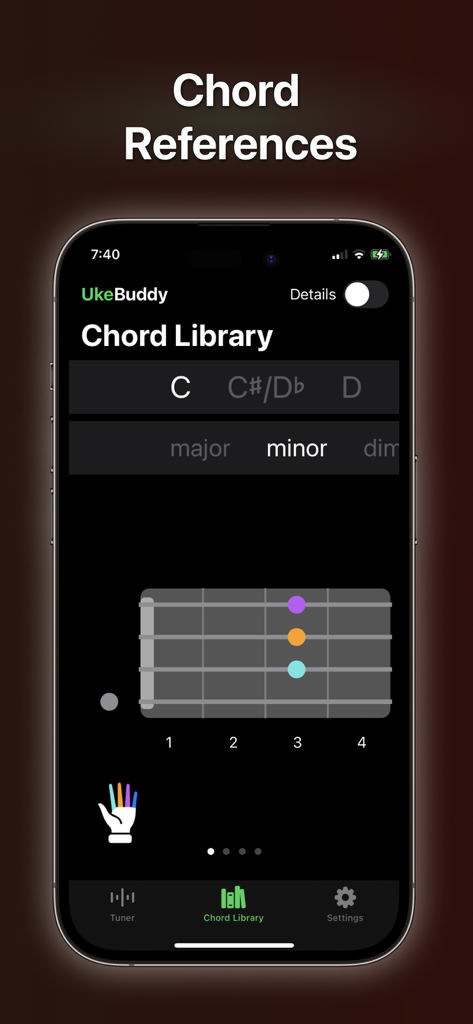 Uke Tuner: Song Chord Ukulele - Ukulele chord library interface showing a C minor chord diagram with finger indicators