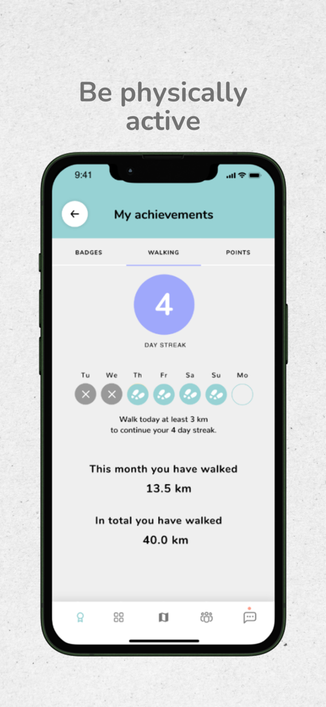 Willuwalk - Panel de la aplicación Willuwalk que muestra una racha de caminatas de cuatro días y seguimiento de actividad mensual para padres
