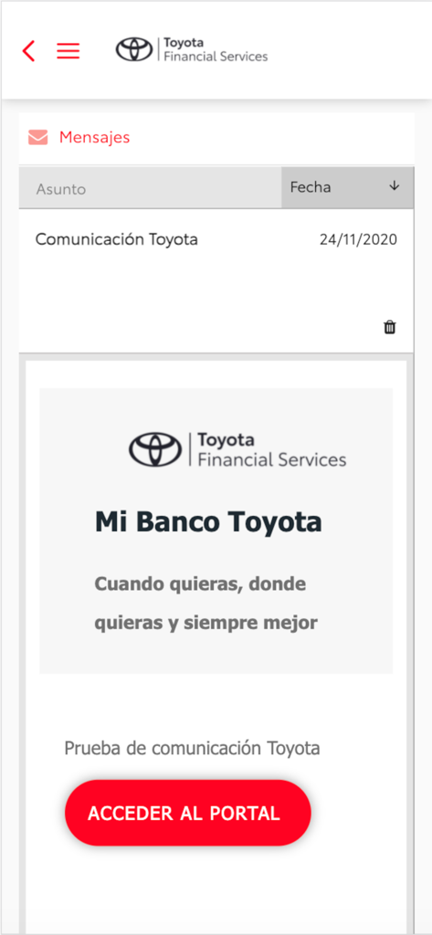 Mi Banco Toyota - Interfaz de la aplicación Mi Banco Toyota que muestra la sección de mensajes y un botón para acceder al portal