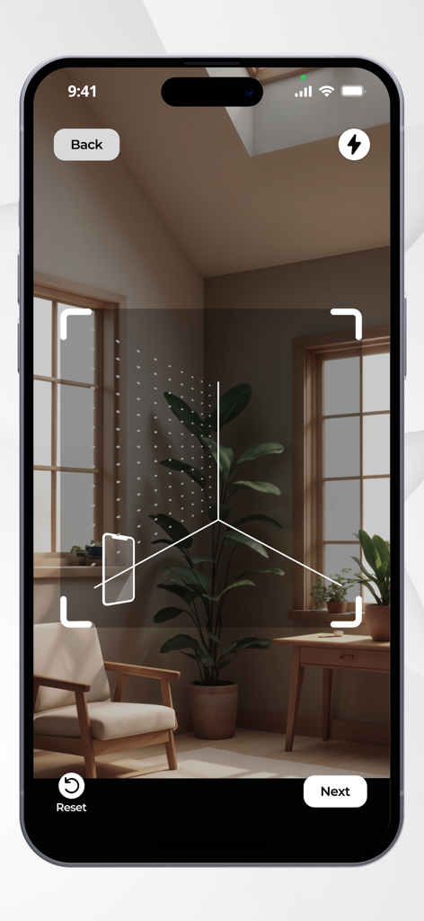 ARLOOPA 3D Object Scanner - Interface do aplicativo ARLOOPA 3D Object Scanner mostrando uma sala sendo escaneada em um iPhone