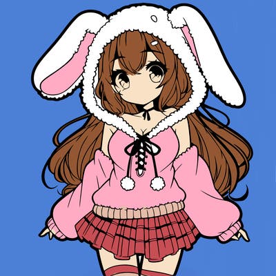 pretty anime girl wearing a fluffy hoodie with bunny ears on the hood and a skirt