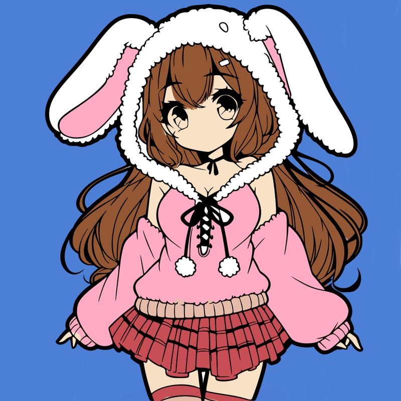 pretty anime girl wearing a fluffy hoodie with bunny ears on the hood and a skirt