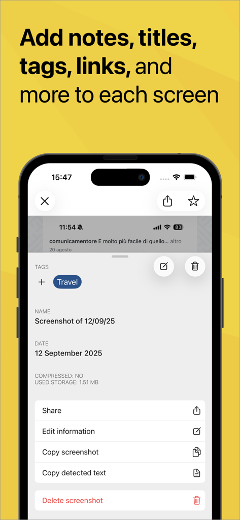 Screenshot PRO Screenshots App - Interface of Screenshot PRO app showing options to add tags notes and titles to a screenshot