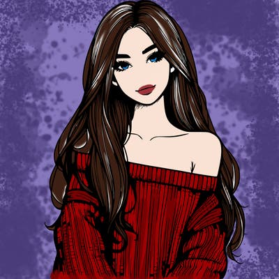 realistic girl with long hair wearing an off the shoulder sweater