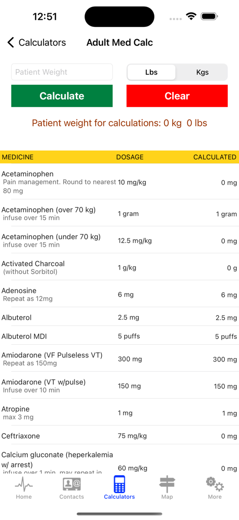 Maine EMS Protocol App - Adult medication dosage calculator screen in the Maine EMS Protocol app showing weight input and a list of medical dosages