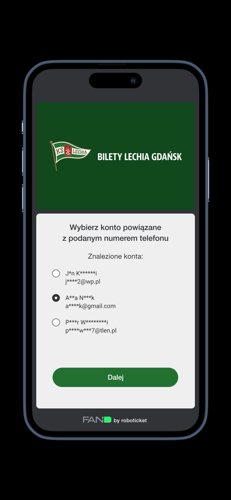 Bilety Lechia Gdańsk - Schermata mobile dell'app Bilety Lechia Gdansk per la scelta di un account collegato