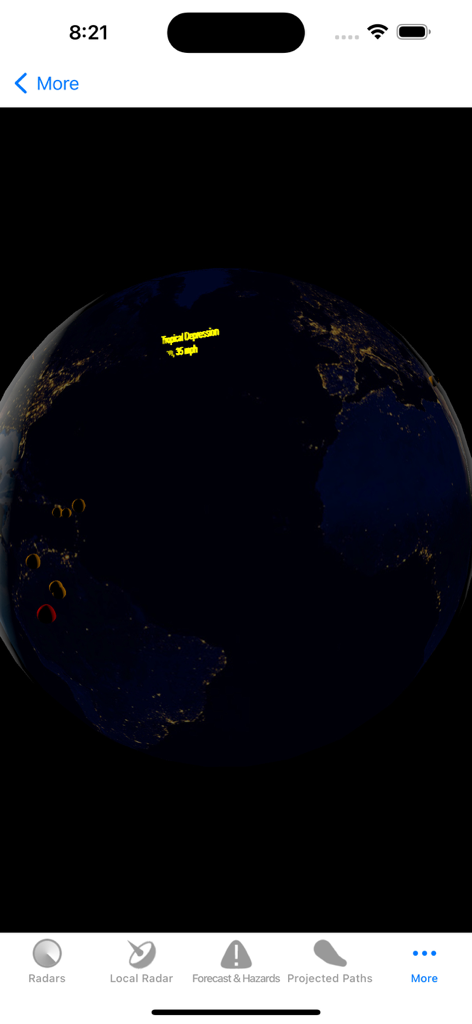 Interactive 3D Earth view showing a tropical depression on the Hurricane Track app