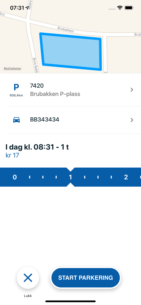 Interface de l'application SmartPark affichant une carte d'une zone de stationnement à Trondheim et un bouton pour démarrer le stationnement.