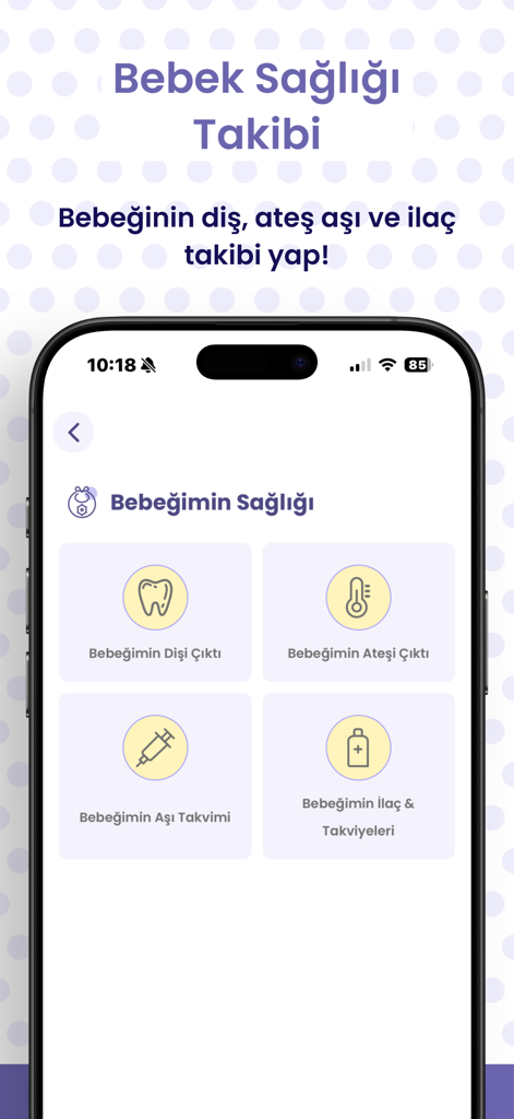 Elika Baby Care and Monitoring - Tela de monitoramento de saúde do aplicativo Elika Baby com ícones para dentes febre vacinas e medicamentos
