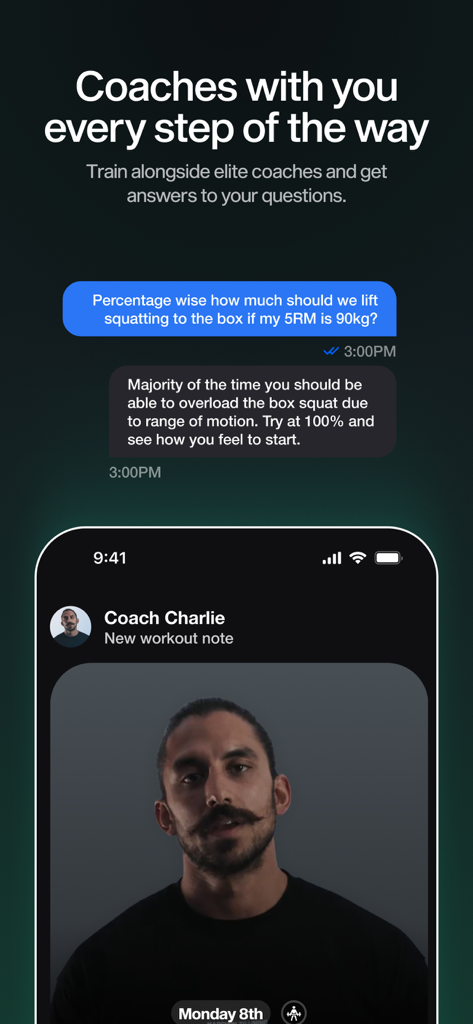 MARCHON TRAINING - A interface do aplicativo Marchon Training mostrando interação direta de chat com um treinador de elite para aconselhamento de fitness personalizado.