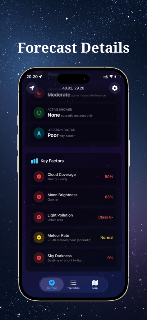 Shooting Star & Meteor Shower - FallingStar app interface showing detailed stargazing visibility factors including cloud coverage moon brightness and meteor rate