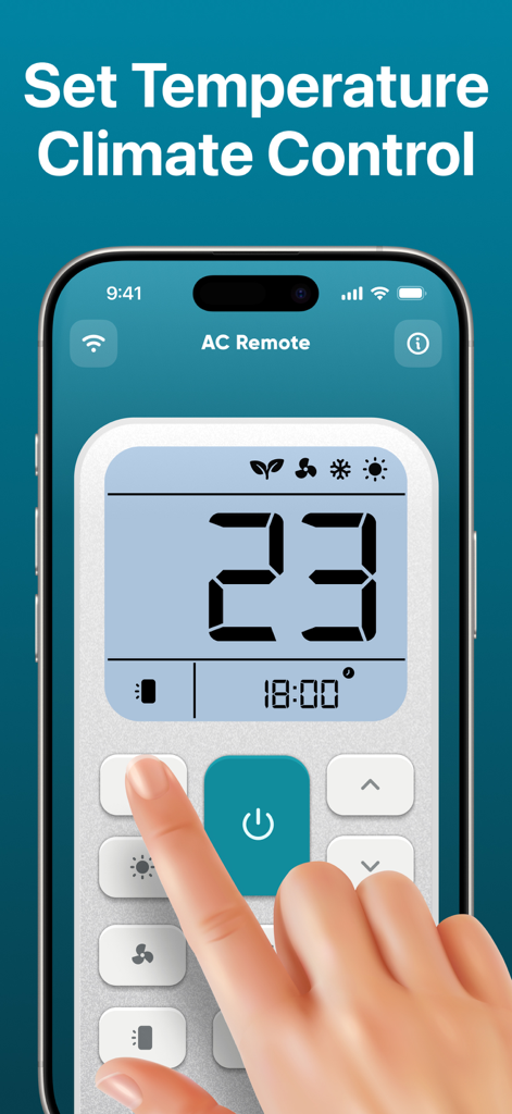 AC Remote, Air Conditioner Pro - Écran de smartphone montrant l'interface de l'application AC Remote utilisée pour ajuster la température du climatiseur
