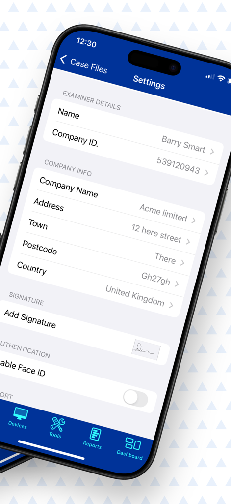 Digital Forensics - Settings screen for examiner and company details in the Digital Forensics mobile app