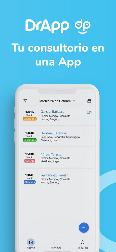DrApp Pro - Pantalla de la aplicación móvil DrApp Pro que muestra una lista de citas médicas con nombres de pacientes y estado