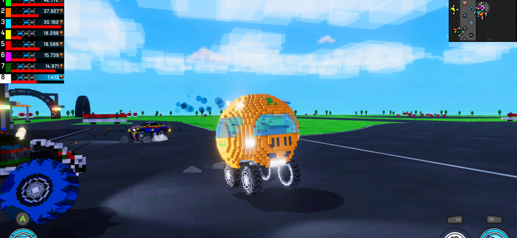 Carnage: Battle Arena - A round orange voxel vehicle driving in an open arena with a leaderboard and blocky graphics