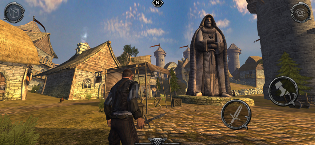 Ravensword: Shadowlands - Third person gameplay in Ravensword Shadowlands showing a character in a medieval town square with a large stone statue