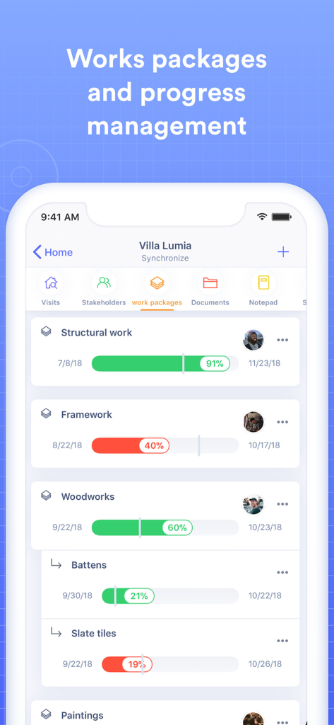 Archireport - Archireport mobile dashboard displaying construction work packages and project progress percentages