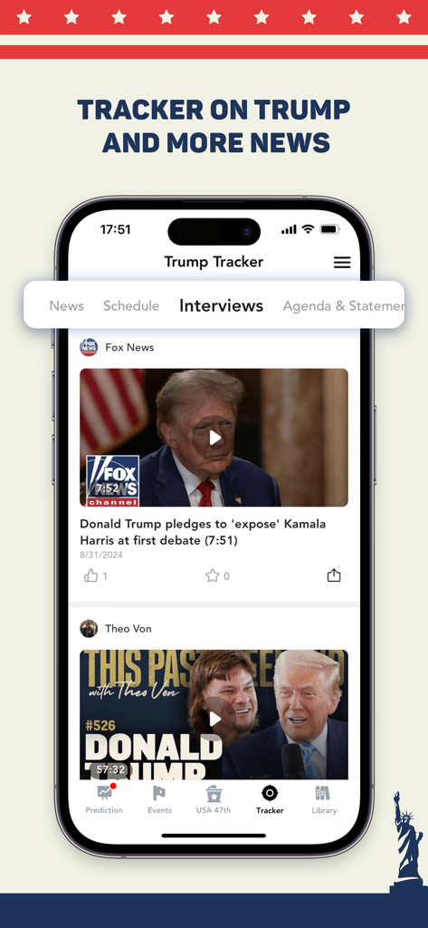 MAGA - Trump Tracker App - Pantalla de smartphone que muestra la sección de entrevistas de la aplicación MAGA Trump Tracker con enlaces de video a clips de noticias.