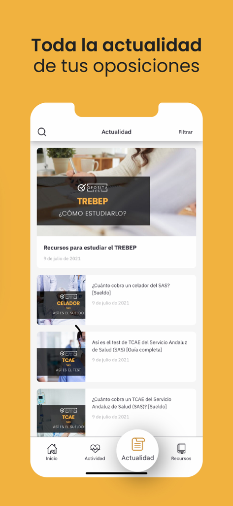 Canal de noticias de la aplicación OpositaTest que muestra las últimas actualizaciones y recursos de estudio para las oposiciones en España