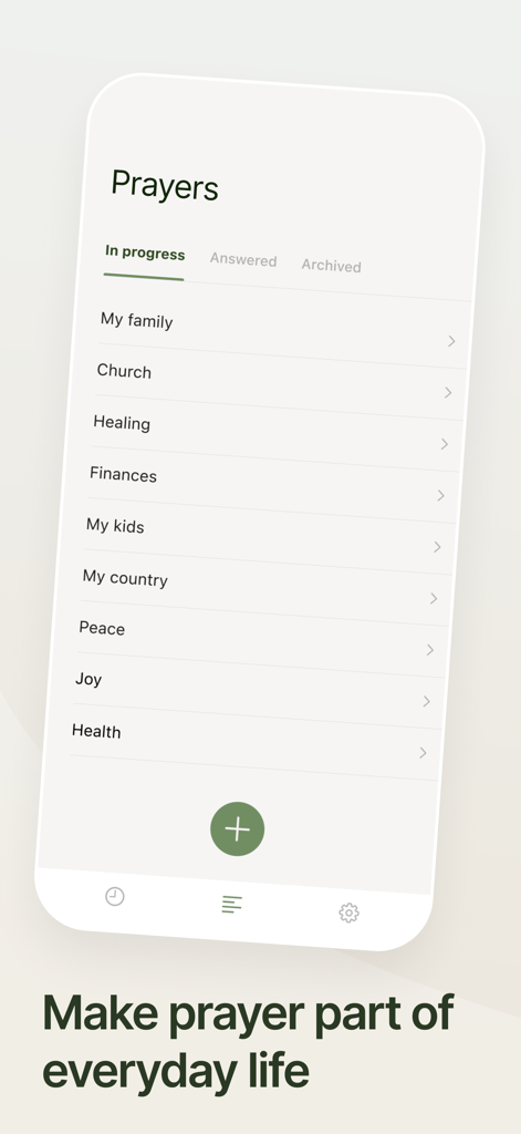 Prayminder - The Prayminder app interface showing a list of categorized prayers like family and church.