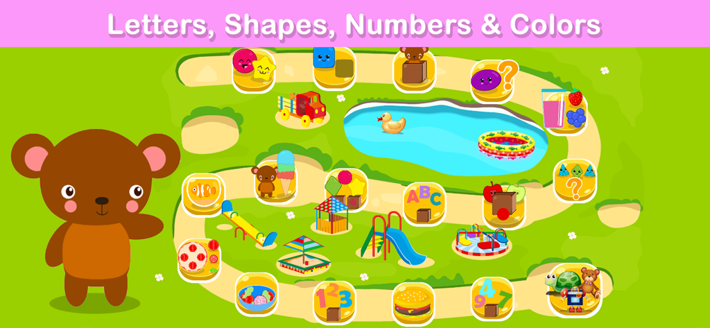 Toddler Games for Kids 2-5 - Educational map interface of toddler games for kids featuring letters shapes numbers and colors