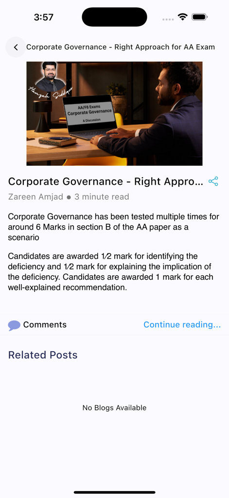 Hamzah Academy - A blog post within the Hamzah Academy app titled Corporate Governance - Right Approach for AA Exam providing exam strategy and marking tips.
