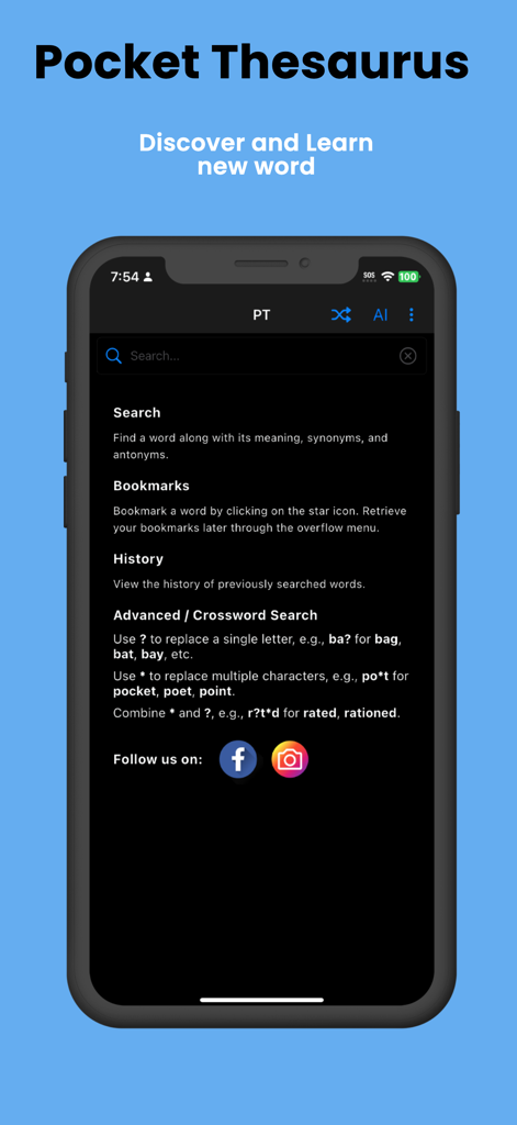 The main screen of the Pocket Thesaurus app showing search options, bookmarks, history, and advanced search features