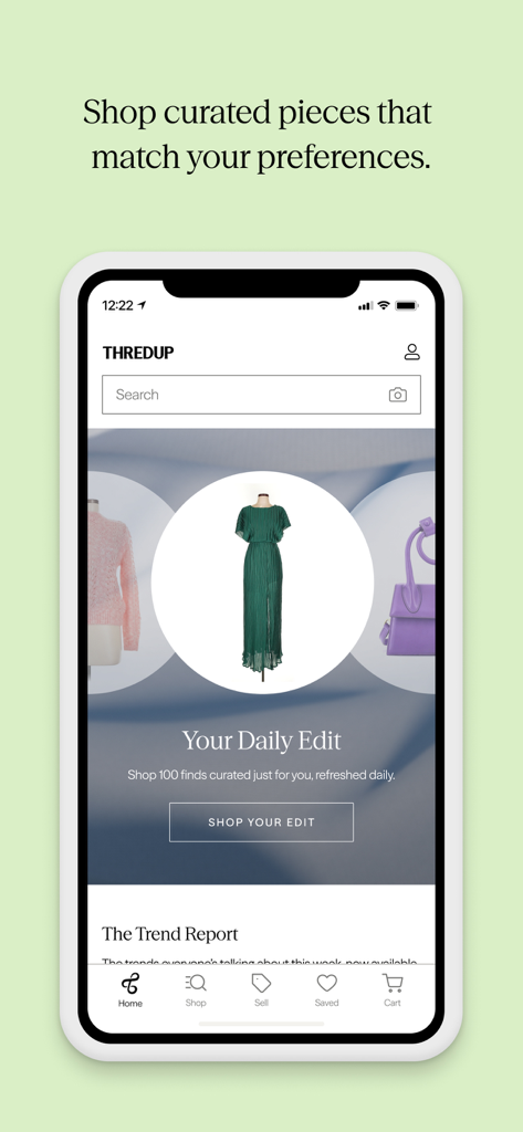 ThredUp: Online Thrift Store - 「あなたのデイリーエディット」とラベル付けされた、厳選された中古ファッションアイテムのパーソナライズされたセレクションを表示するThredUpアプリの画面