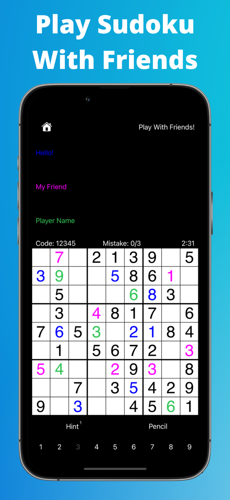 Sudoku Friends - Sudoku - Un smartphone que muestra la aplicación Sudoku Friends con un tablero multijugador cooperativo con números de colores y nombres de jugadores