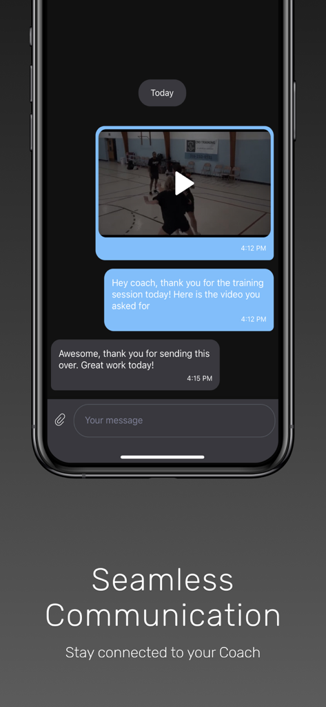 CoachIQ - A mobile app screen showing a chat conversation between an athlete and a coach with a training video and feedback messages.