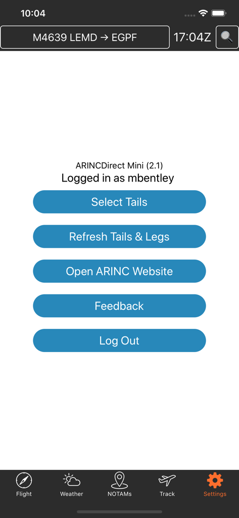 The settings screen of the ARINCDirect Mini mobile app for pilots showing account management options.