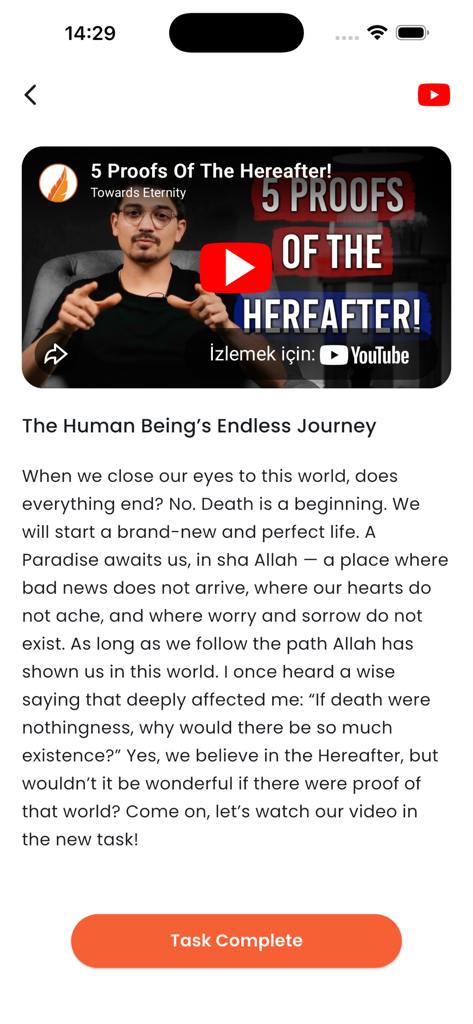 Step Islam - Captura de tela do aplicativo Step Islam apresentando uma aula em vídeo sobre as provas da vida após a morte e um botão de conclusão de tarefa