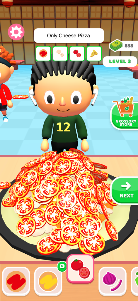 Overcooked Pizza: Make a Pizza - A cartoon character preparing a pizza with many tomato slices in a mobile cooking game interface
