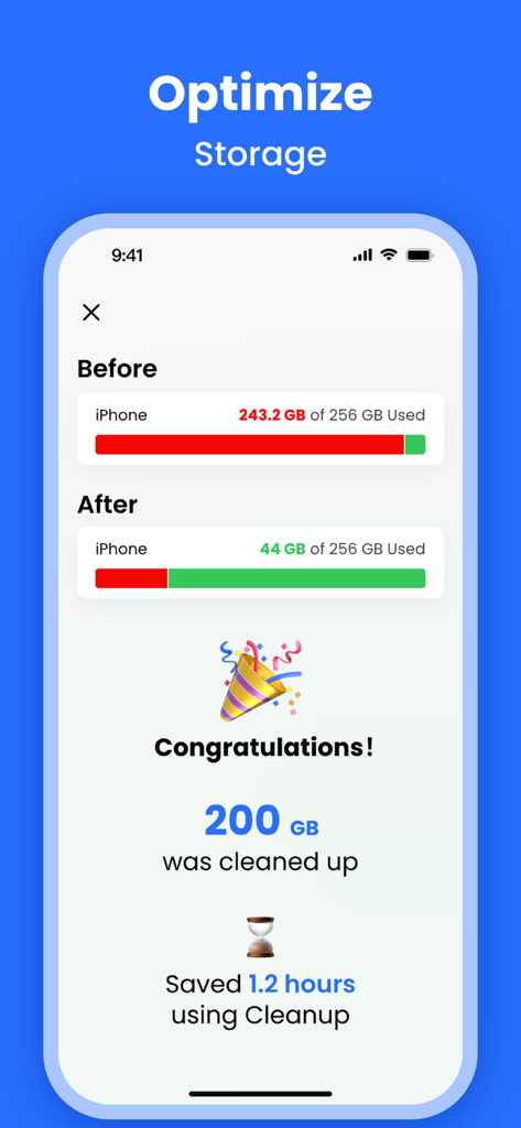 200GB의 iPhone 저장 공간이 정리되었고 AI Cleaner를 사용하여 시간을 절약했음을 보여주는 화면