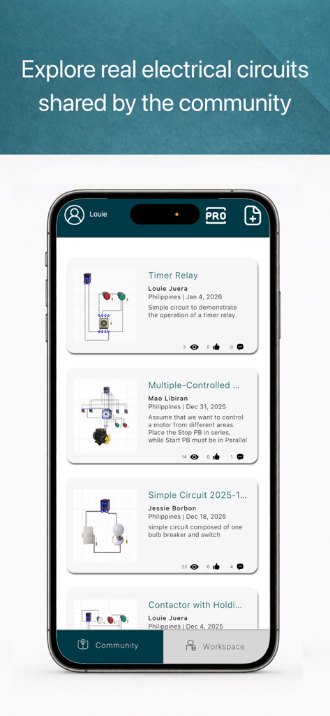 A mobile screen showing a community feed of user-created electrical circuit simulations in the ElectroSim app.