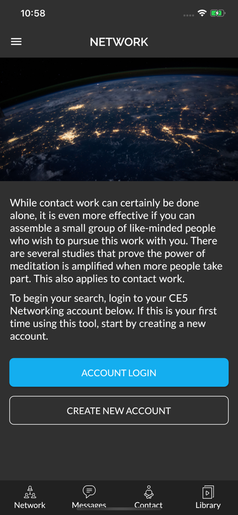 CE5 Contact - The networking screen of the CE5 Contact app showing an image of Earth at night and buttons to log in or create an account.