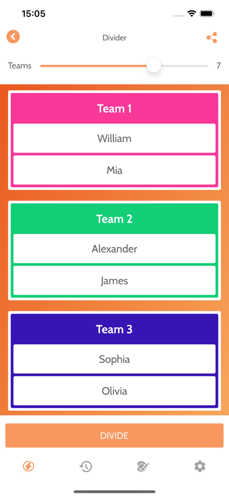 Random: Wheel & Randomizer - App interface showing names randomly assigned to three colorful team boxes