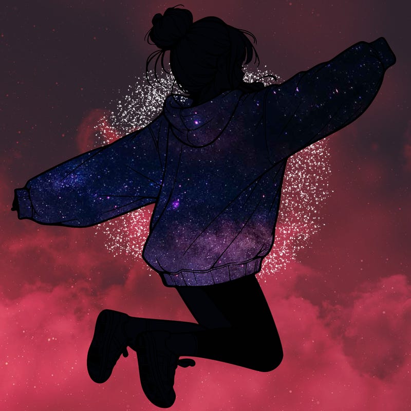 realistic girl jumping with a bun and oversized sweatshirt