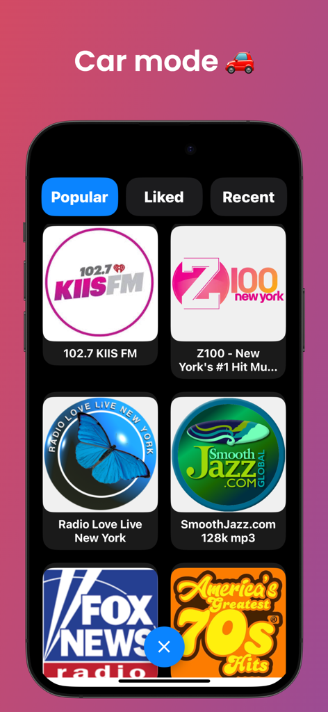 Radio App: Stations & Podcasts - Mobile app interface showing car mode with popular radio stations like KIIS FM and Z100