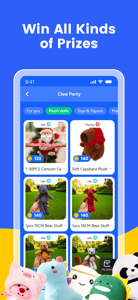 ClawParty - Real Machines! - ClawParty에서 획득할 수 있는 다양한 플러시 인형 상품을 보여주는 모바일 앱 화면