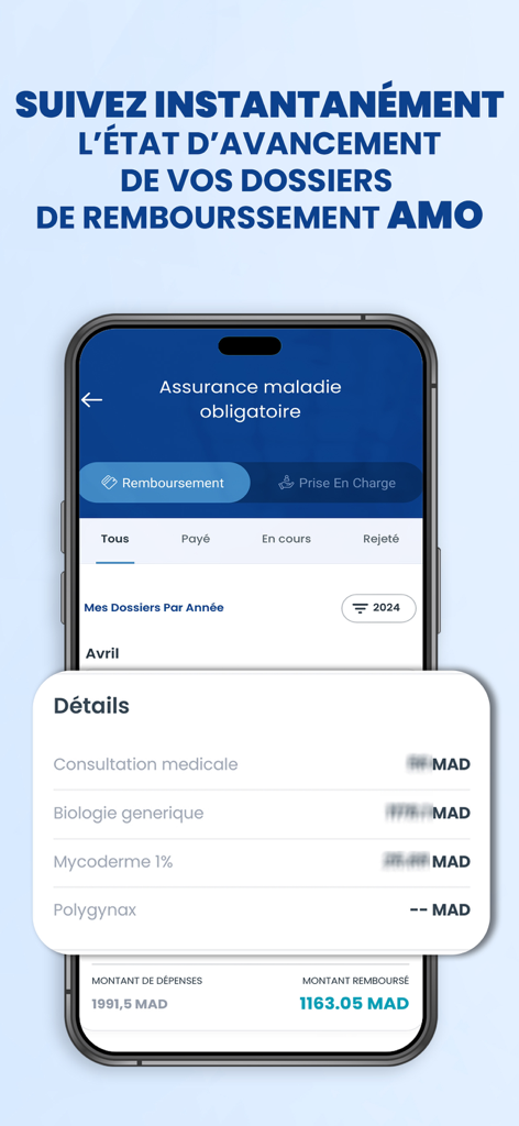 Ma CNSS mobile app screen showing mandatory health insurance reimbursement progress and details.