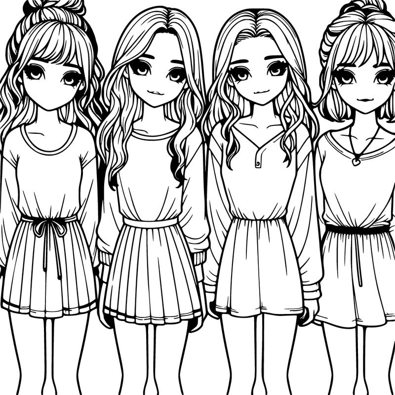 four realistic girls in a line
