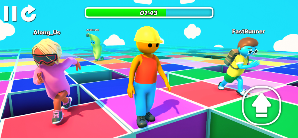 Mega Obby - Parkour Fun Run 3D - Colorful characters competing in a falling blocks survival challenge in Mega Obby