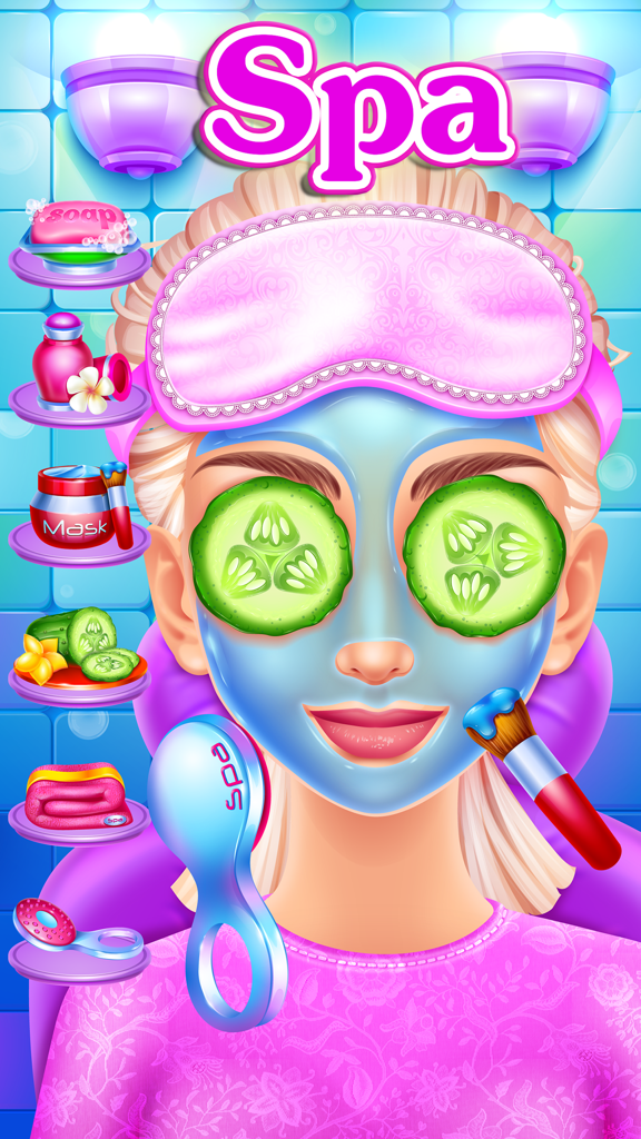 Crazy Slumber Party - Makeup, Face Paint, Dressup, Spa and Makeover - Girls Beauty Salon Games - A girl character receiving a facial spa treatment with a blue face mask and cucumbers on her eyes in the Crazy Slumber Party mobile game