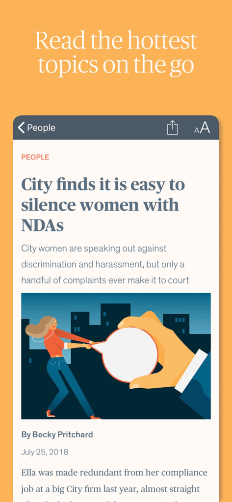 Financial News - Captura de pantalla de la aplicación Financial News que muestra el titular de un artículo sobre mujeres en el sector financiero con un encabezado naranja que dice Lee los temas más candentes sobre la marcha.