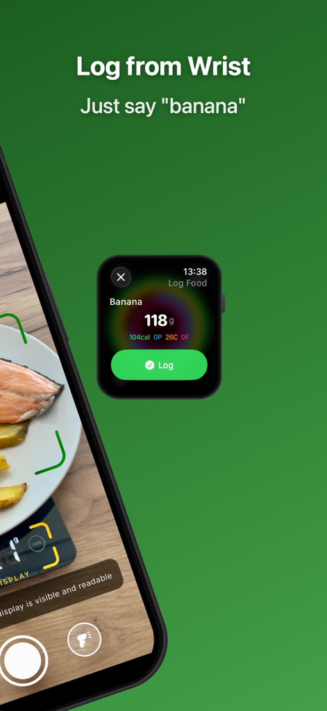 AI Food Coach: Calorie Counter - Apple Watch interface showing the AI Food Coach app with a voice-logged banana entry and calorie count