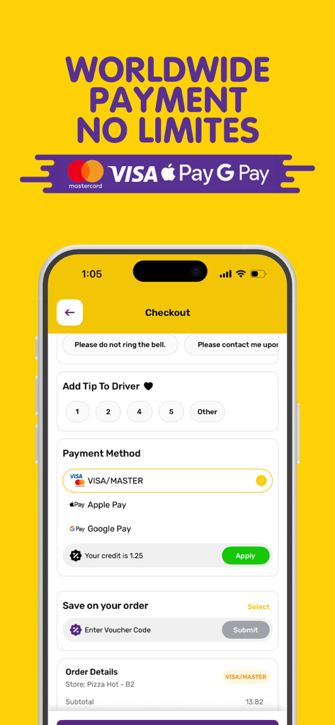 Movo - Delivery - Movo app checkout screen showing worldwide payment methods like Visa Mastercard Apple Pay and Google Pay